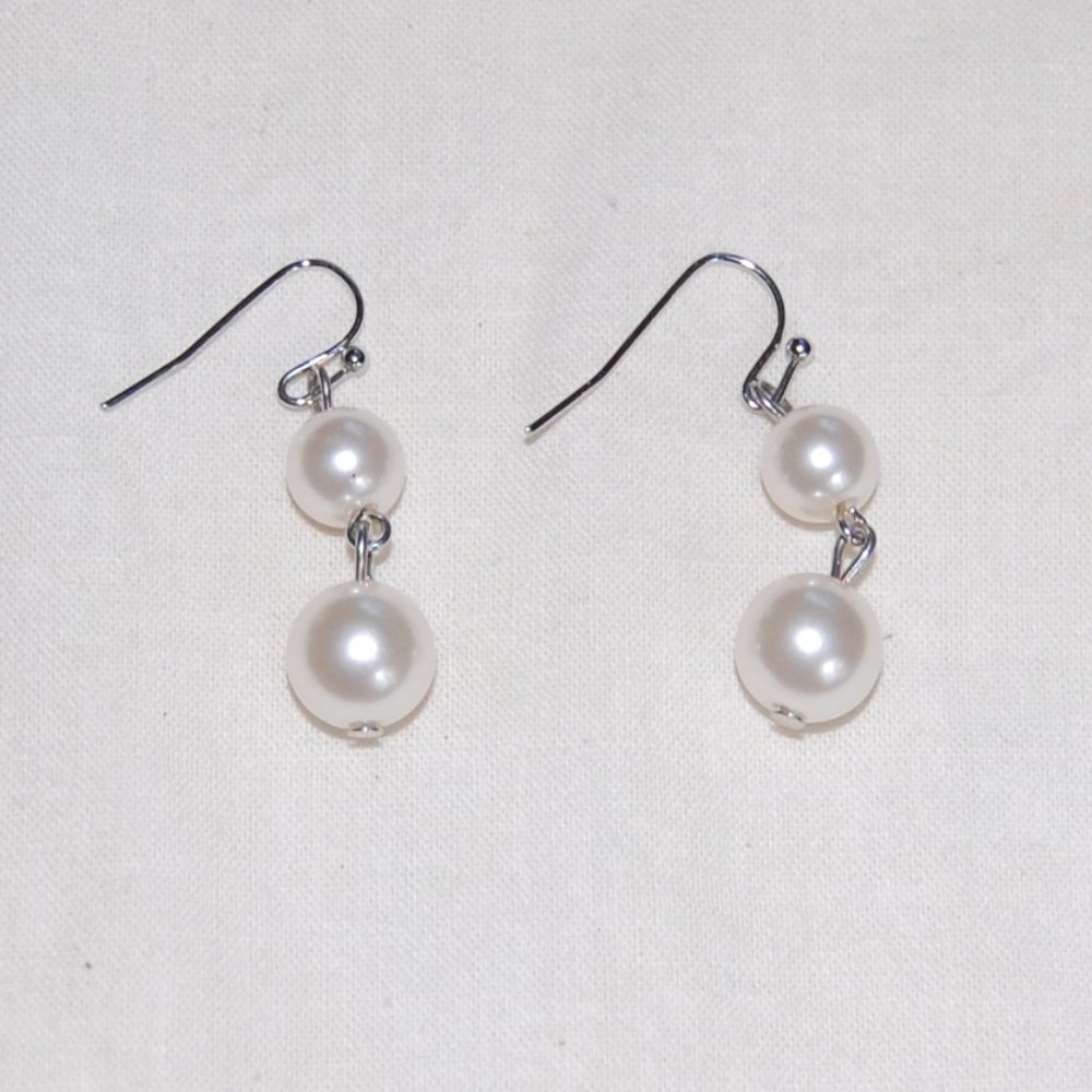 Silver Tone Wire Earrings With 2 Pearl Like Beads Drop From Wire  1"